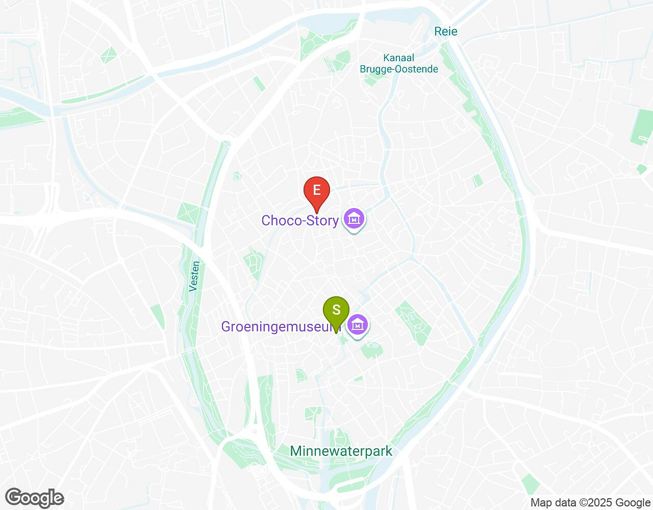 Carte interactive pour Bachelor Challenge Bruges indiquant le point de départ, le point d'arrivée et les points d'intérêt