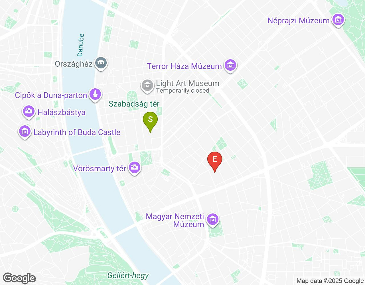 Carte interactive pour Bachelor Challenge BUDAPEST indiquant le point de départ, le point d'arrivée et les points d'intérêt