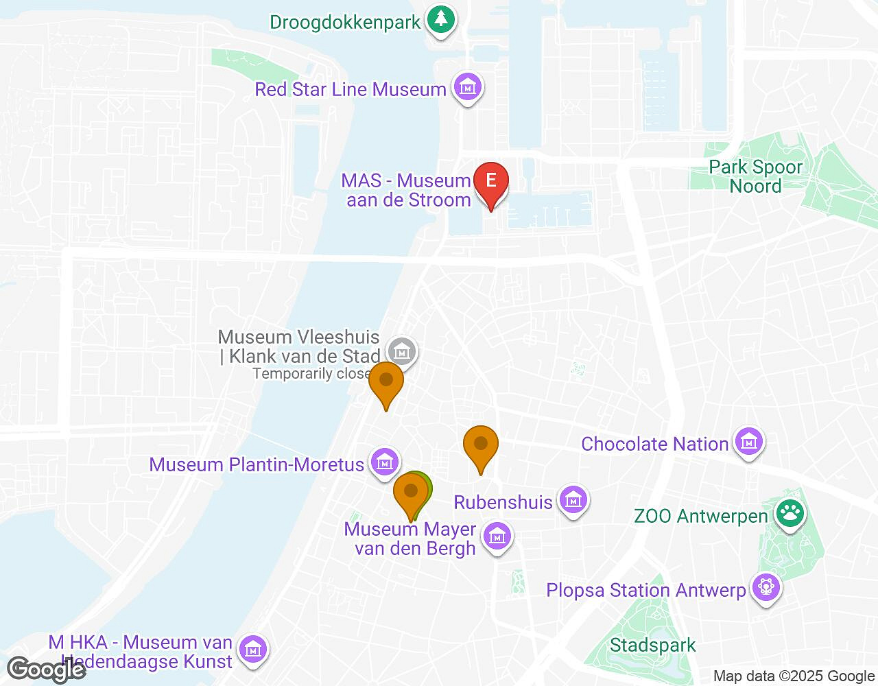Carte interactive pour Bachelor Challenge ANVERS indiquant le point de départ, le point d'arrivée et les points d'intérêt