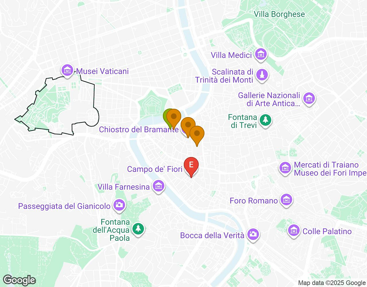 Interactive map for Mates, Mess and Madness ROME showing start point, end point and points of interest