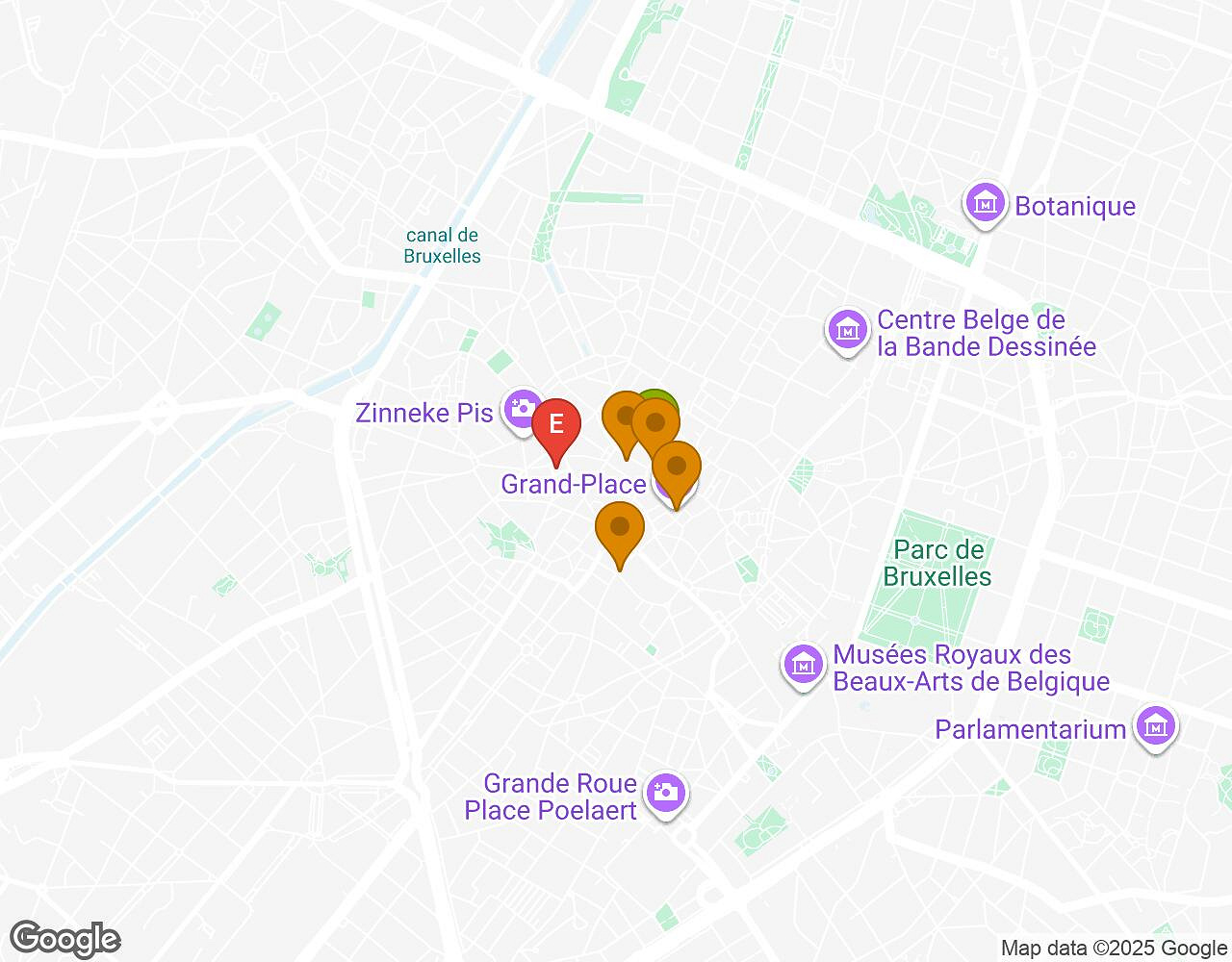 Carte interactive pour Bachelor Challenge BRUXELLES indiquant le point de départ, le point d'arrivée et les points d'intérêt