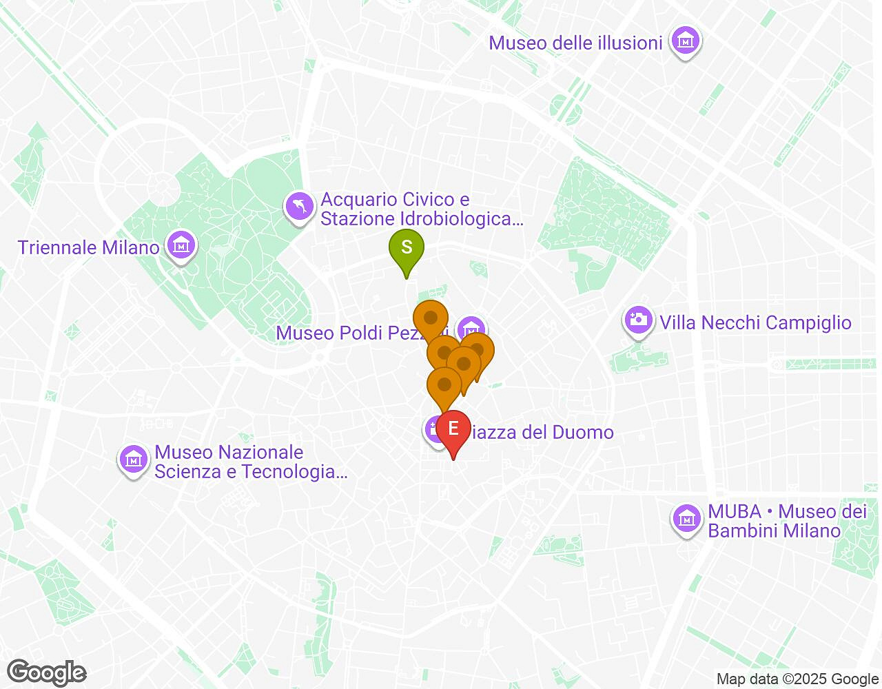 Carte interactive pour Bachelor Challenge MILAN indiquant le point de départ, le point d'arrivée et les points d'intérêt