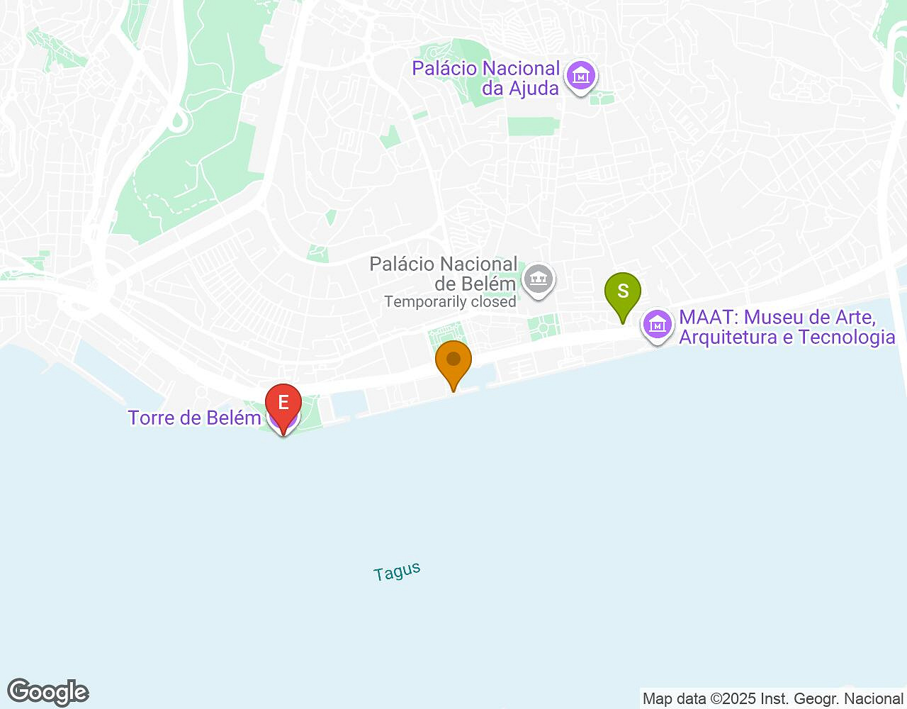 Carte interactive pour Les Secrets de Belem (Lisbonne) indiquant le point de départ, le point d'arrivée et les points d'intérêt
