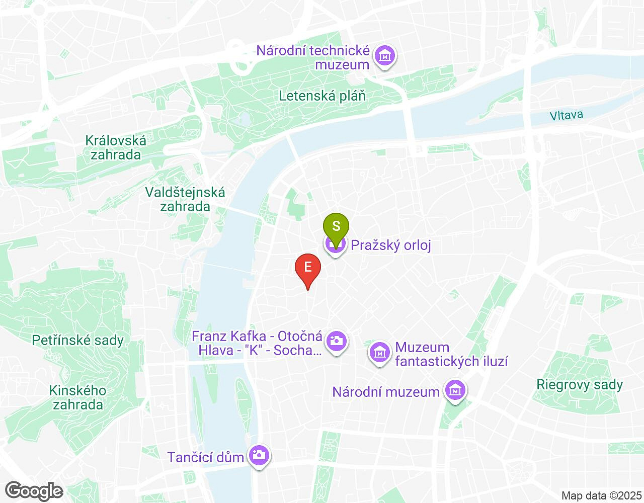 Carte interactive pour Bachelor Challenge Prague indiquant le point de départ, le point d'arrivée et les points d'intérêt