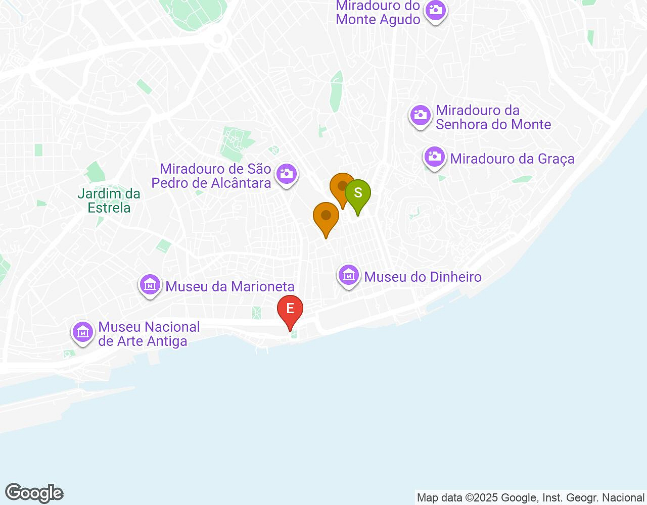 Carte interactive pour Bachelor Challenge Lisbonne indiquant le point de départ, le point d'arrivée et les points d'intérêt