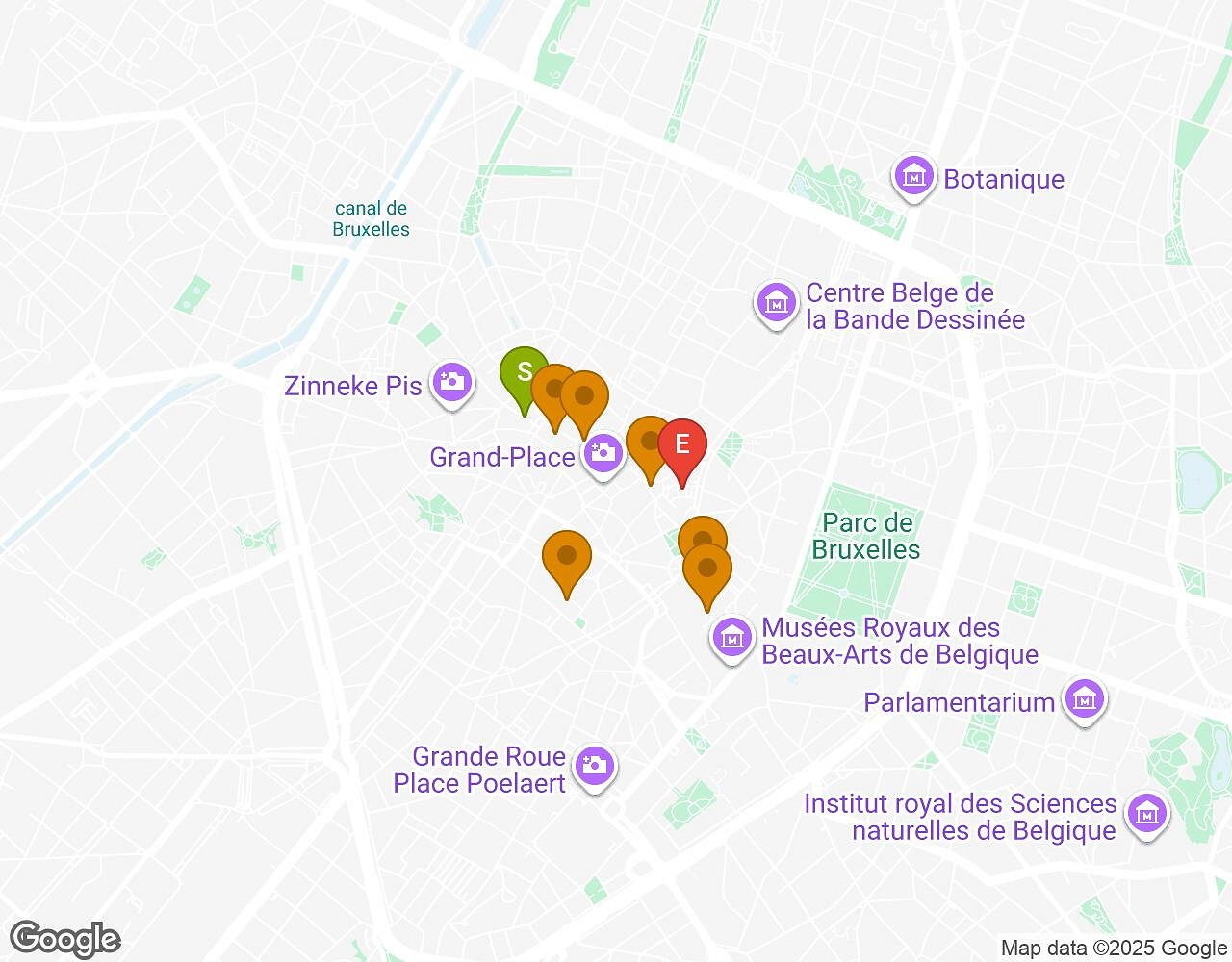 Carte interactive pour Red Nights BRUXELLES indiquant le point de départ, le point d'arrivée et les points d'intérêt
