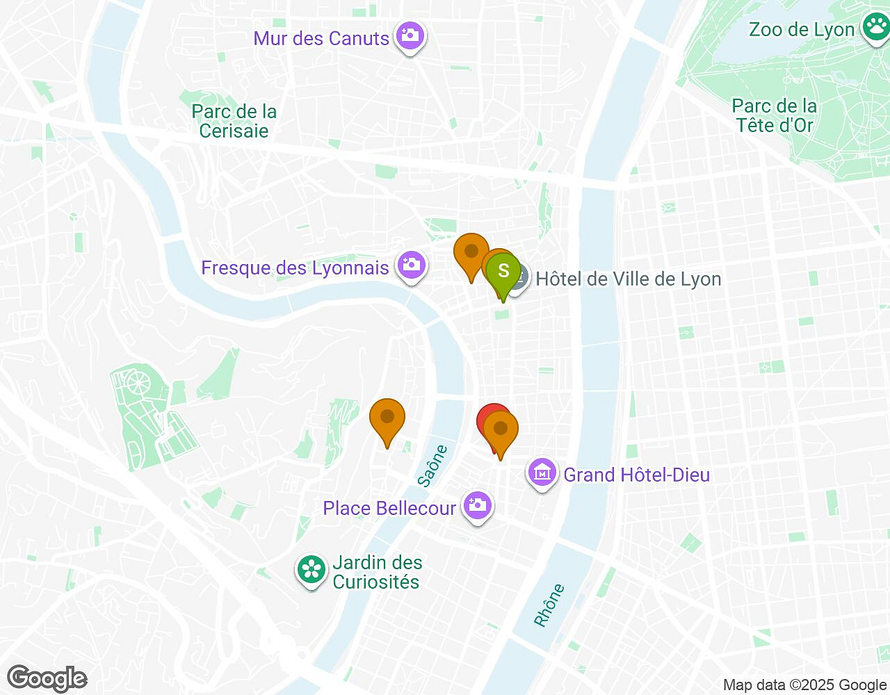 Carte interactive pour Red Nights LYON indiquant le point de départ, le point d'arrivée et les points d'intérêt