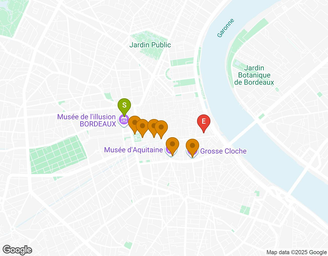 Carte interactive pour Red Nights BORDEAUX indiquant le point de départ, le point d'arrivée et les points d'intérêt