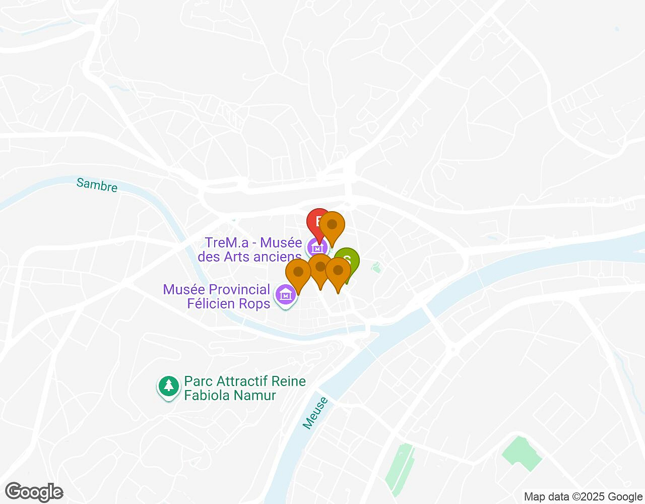 Carte interactive pour Red Nights NAMUR indiquant le point de départ, le point d'arrivée et les points d'intérêt