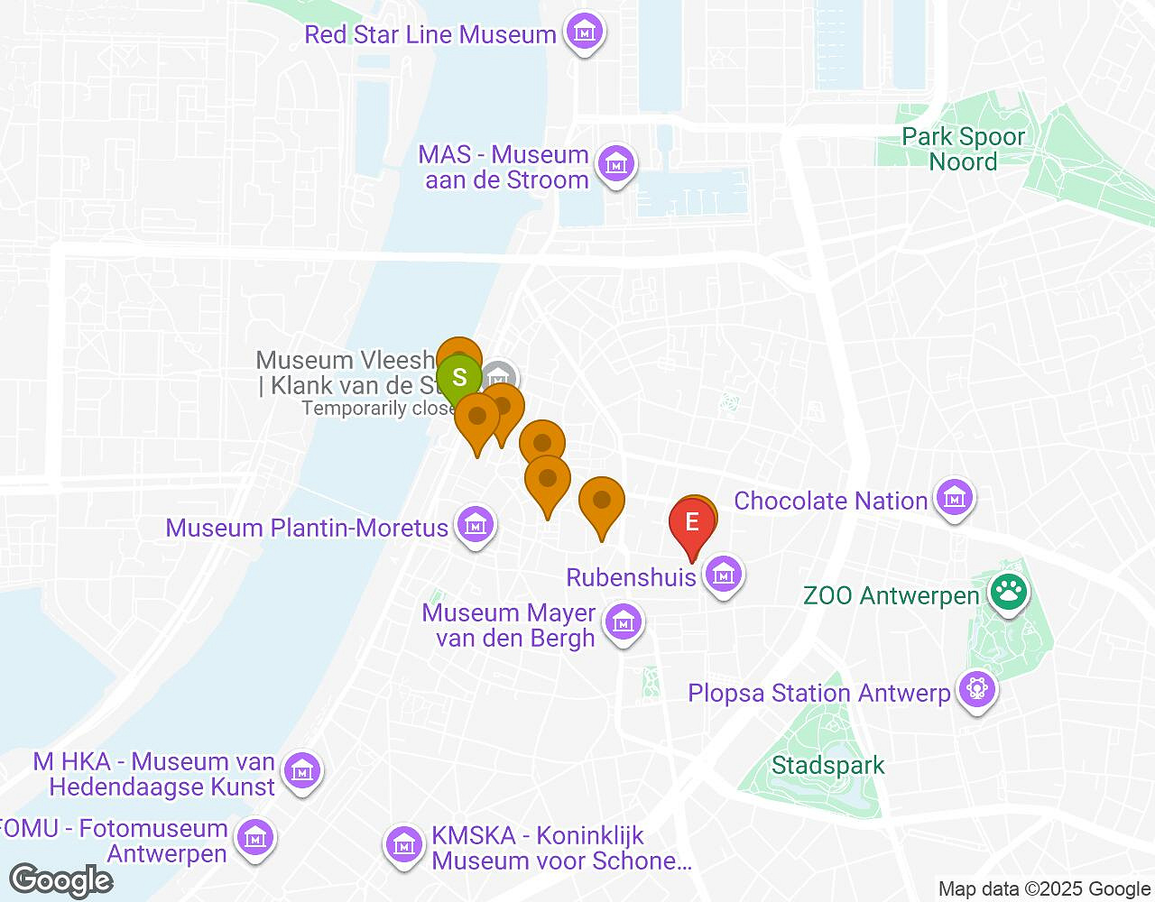 Interactive map for Saving Marsupilami! ANTWERP showing start point, end point and points of interest