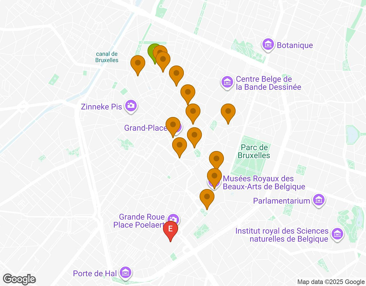 Interactive map for The Alchemist BRUSSELS showing start point, end point and points of interest