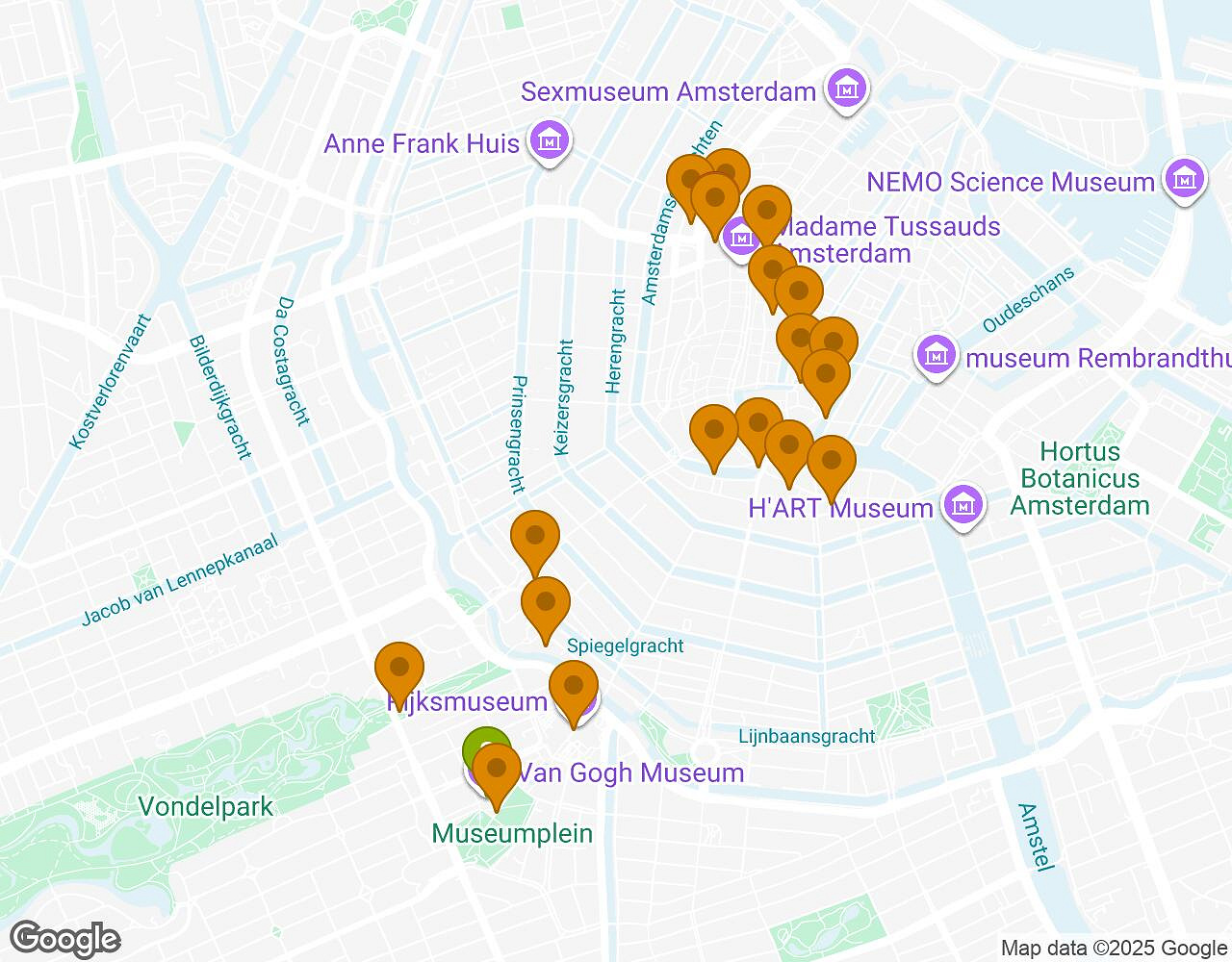 Interactive map for Secrets of Amsterdam showing start point, end point and points of interest