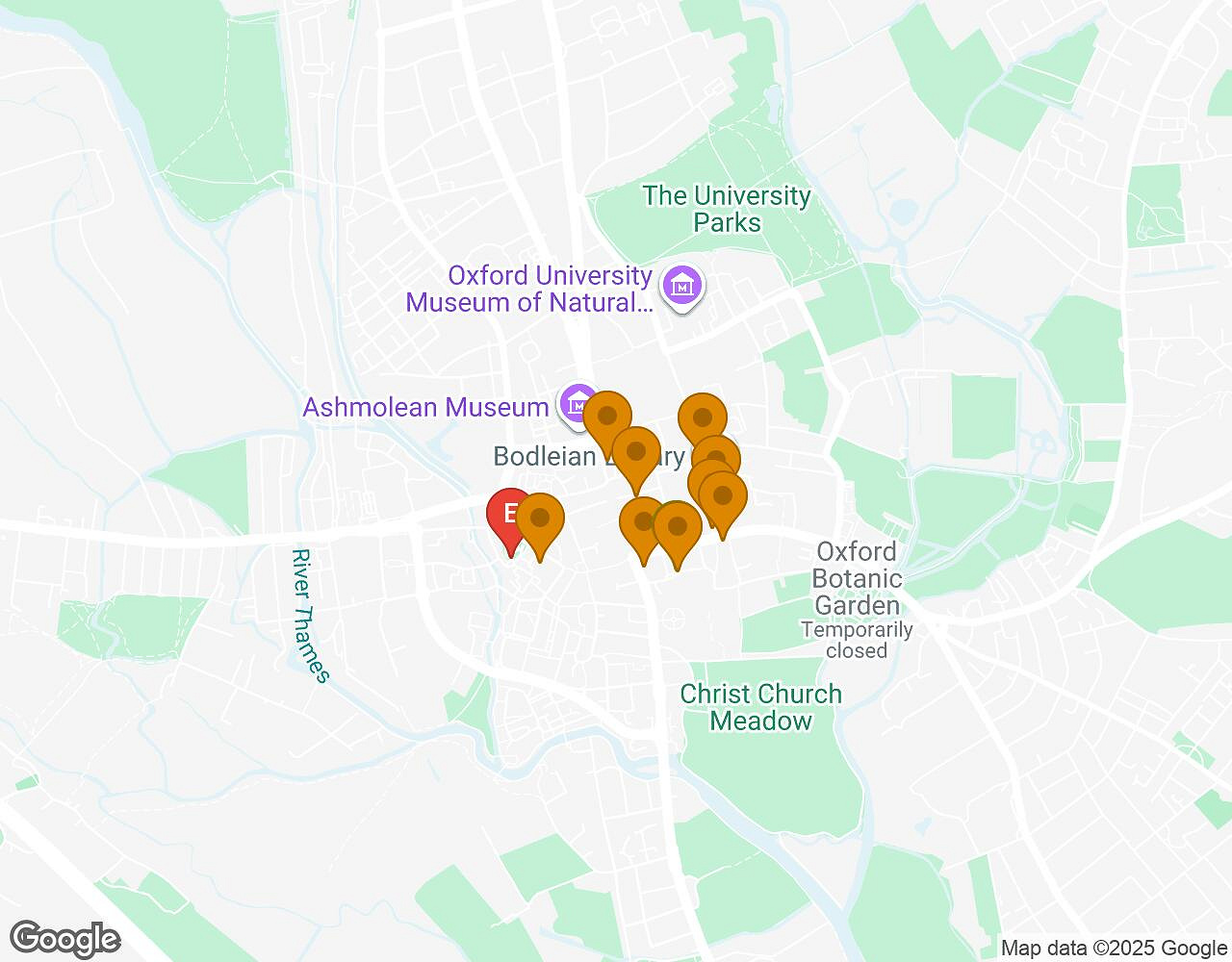 Carte interactive pour L'Alchimiste OXFORD indiquant le point de départ, le point d'arrivée et les points d'intérêt