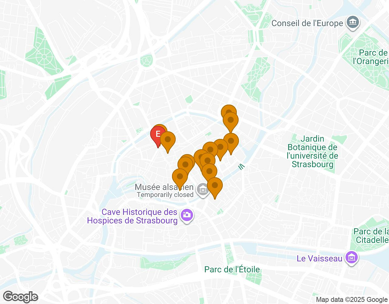 Interactieve kaart voor De Geheimen van Straatsburg met startpunt, eindpunt en bezienswaardigheden