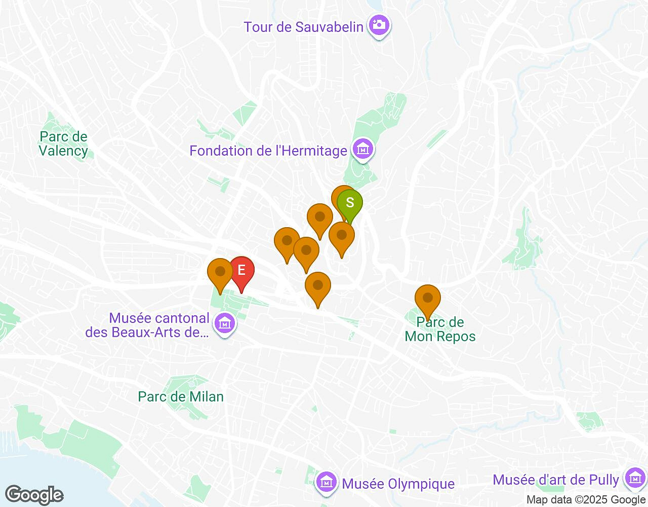 Carte interactive pour L'Alchimiste LAUSANNE indiquant le point de départ, le point d'arrivée et les points d'intérêt
