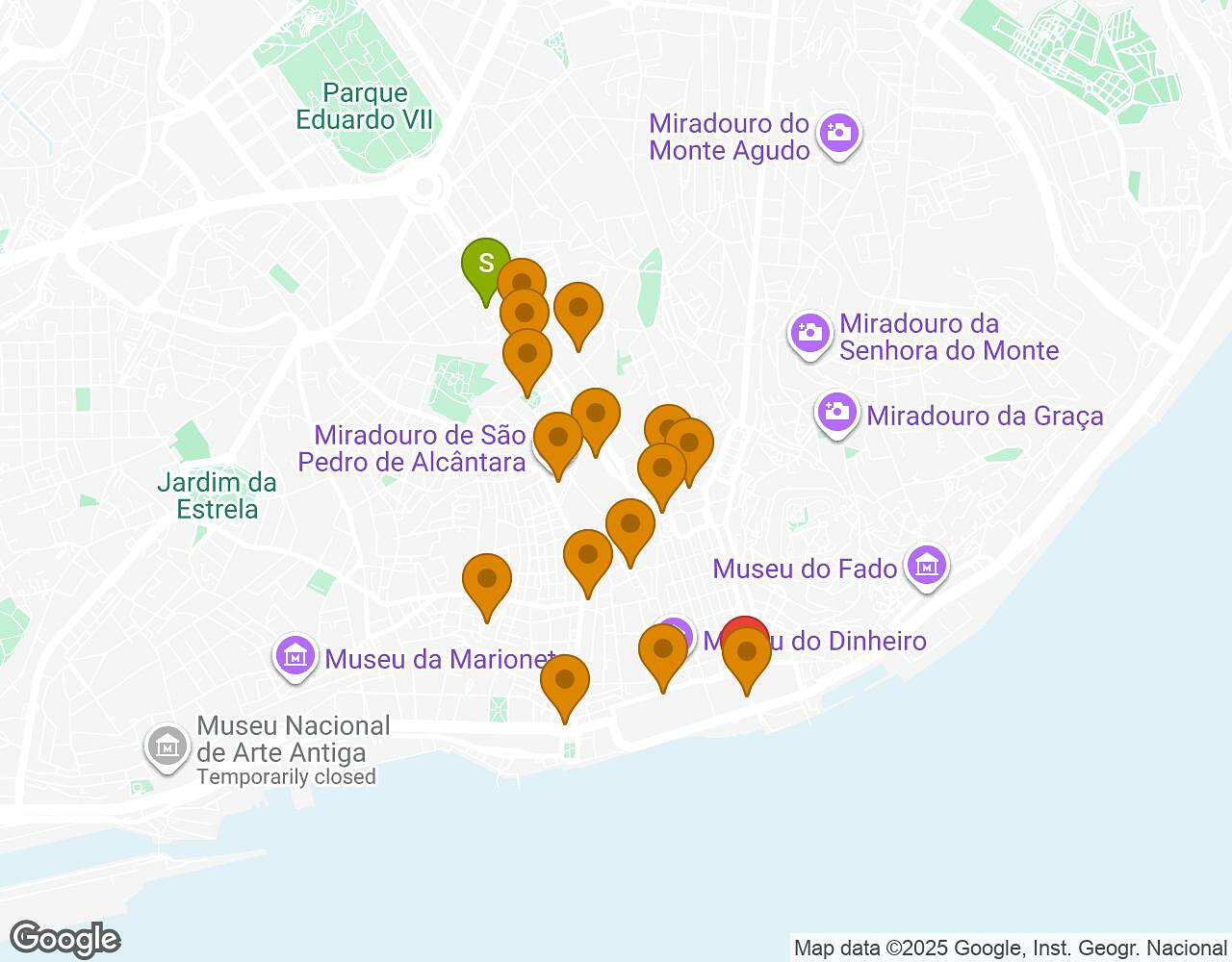 Interactive map for The Alchemist LISBON showing start point, end point and points of interest