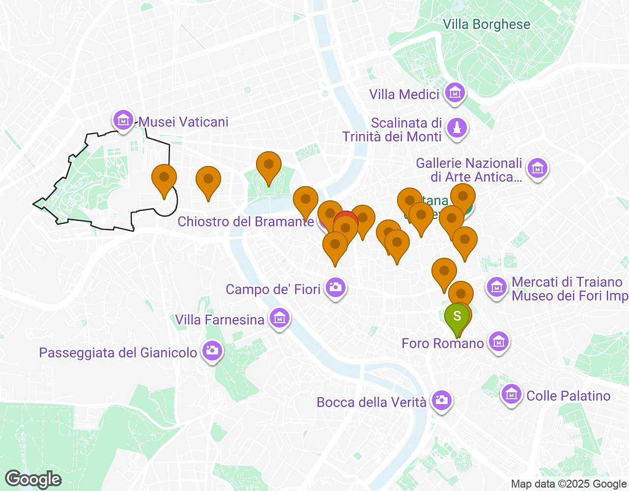 Interactive map for Secrets of Rome showing start point, end point and points of interest