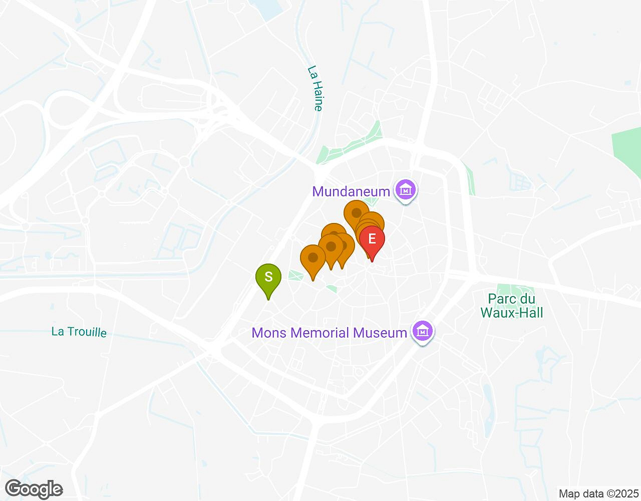 Interactive map for Kids Explore: Mons showing start point, end point and points of interest