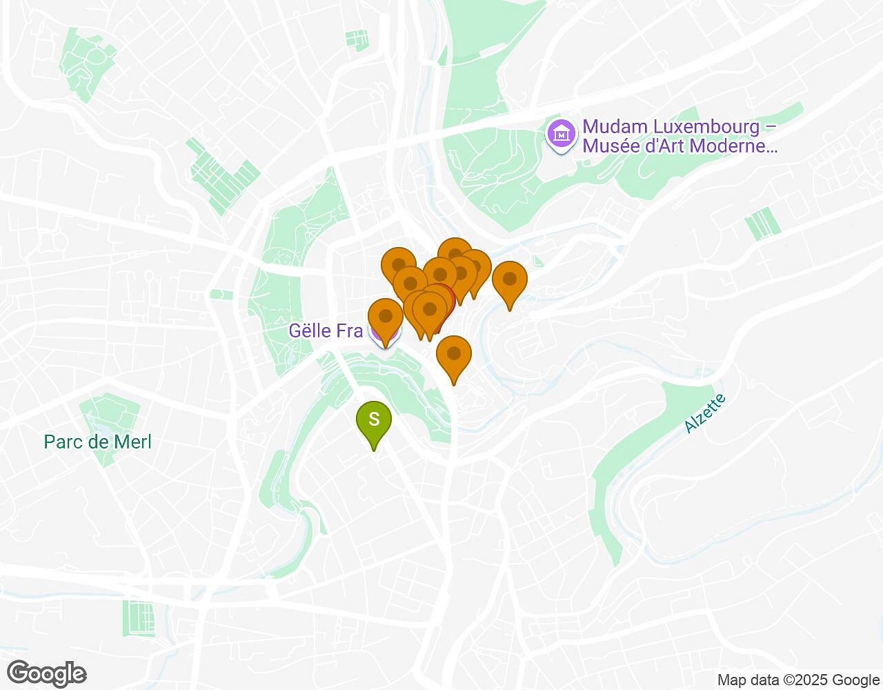 Interactive map for Secrets of Luxembourg showing start point, end point and points of interest