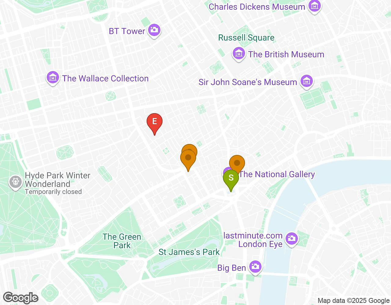 Interactive map for Mates, Mess and Madness LONDON showing start point, end point and points of interest