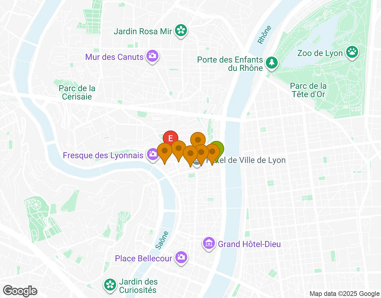 Interactive map for Mates, Mess and Madness LYON showing start point, end point and points of interest