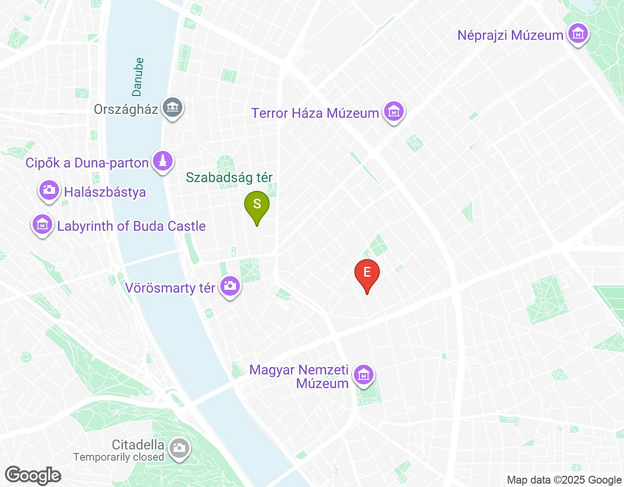 Interactieve kaart voor Maatjes, Miserie & Manie BUDAPEST met startpunt, eindpunt en bezienswaardigheden