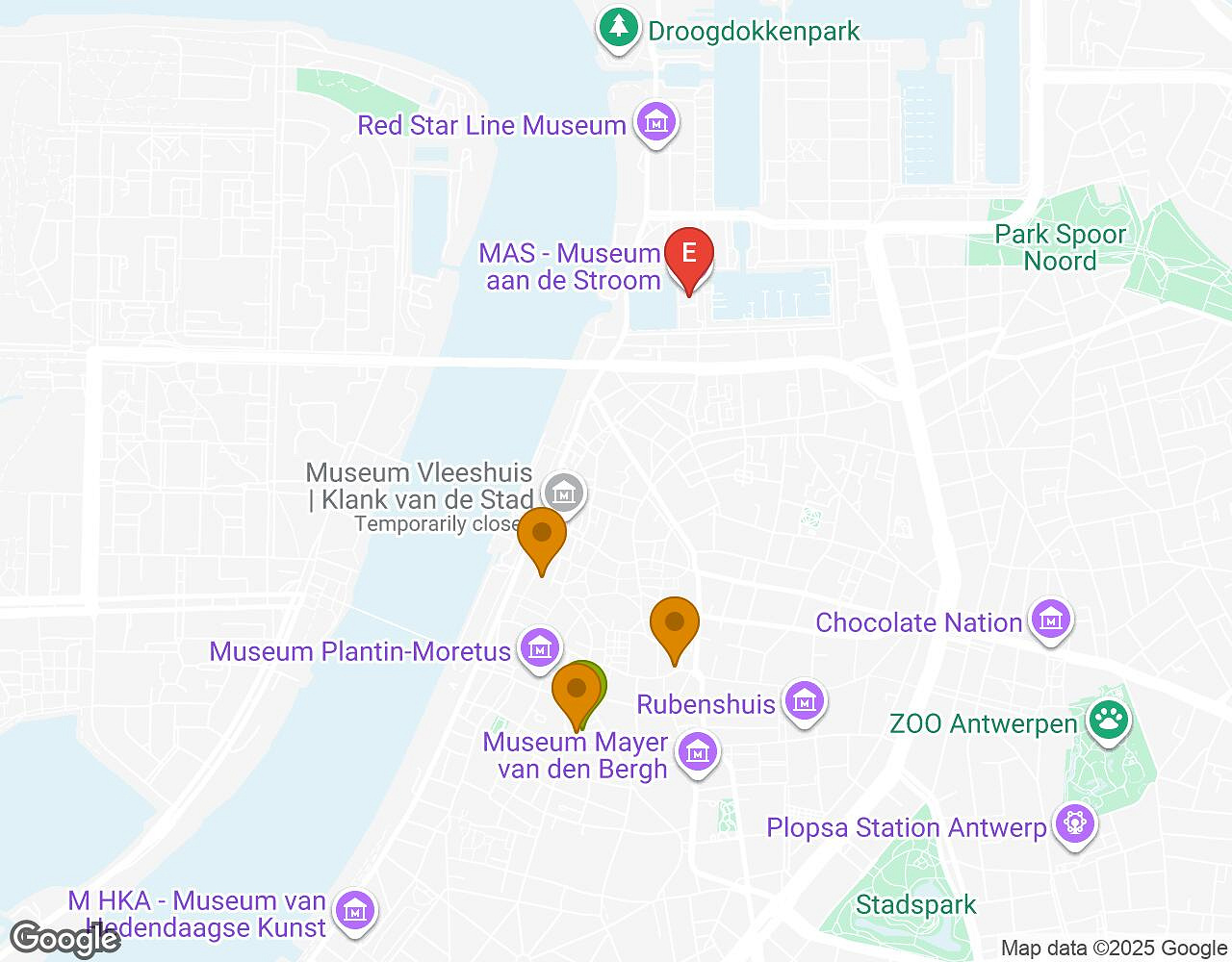 Interactive map for Mates, Mess and Madness ANTWERP showing start point, end point and points of interest