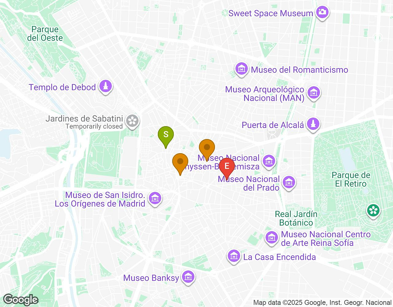 Interactive map for Mates, Mess and Madness MADRID showing start point, end point and points of interest