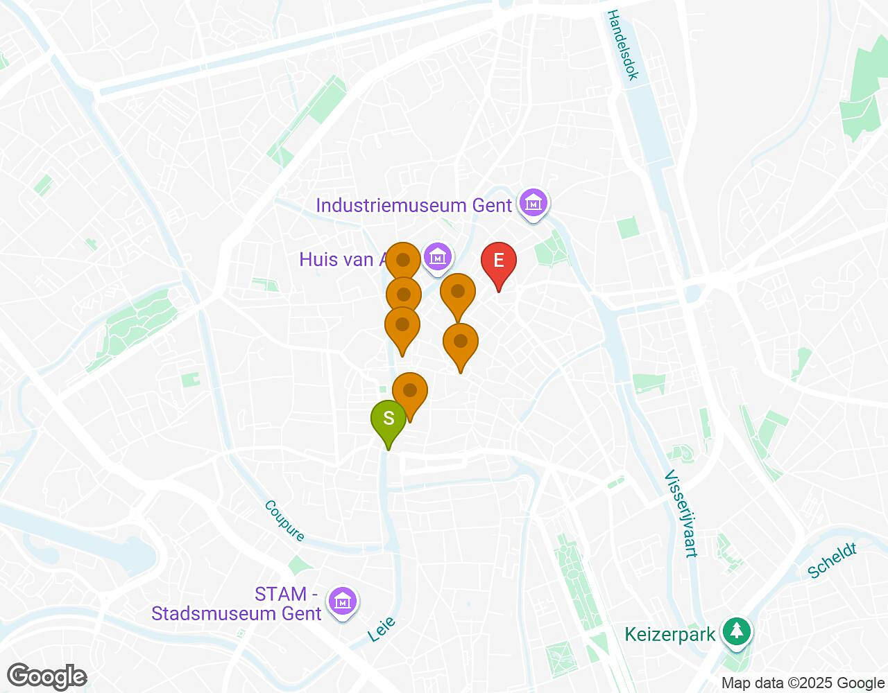 Interactive map for Mates, Mess and Madness GHENT showing start point, end point and points of interest