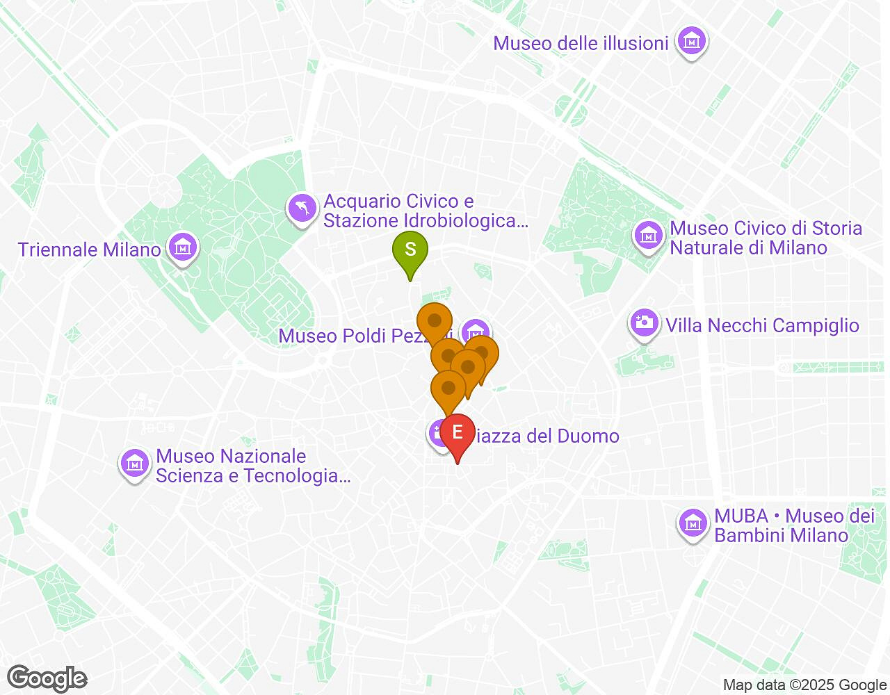 Interactive map for Mates, Mess and Madness MILAN showing start point, end point and points of interest