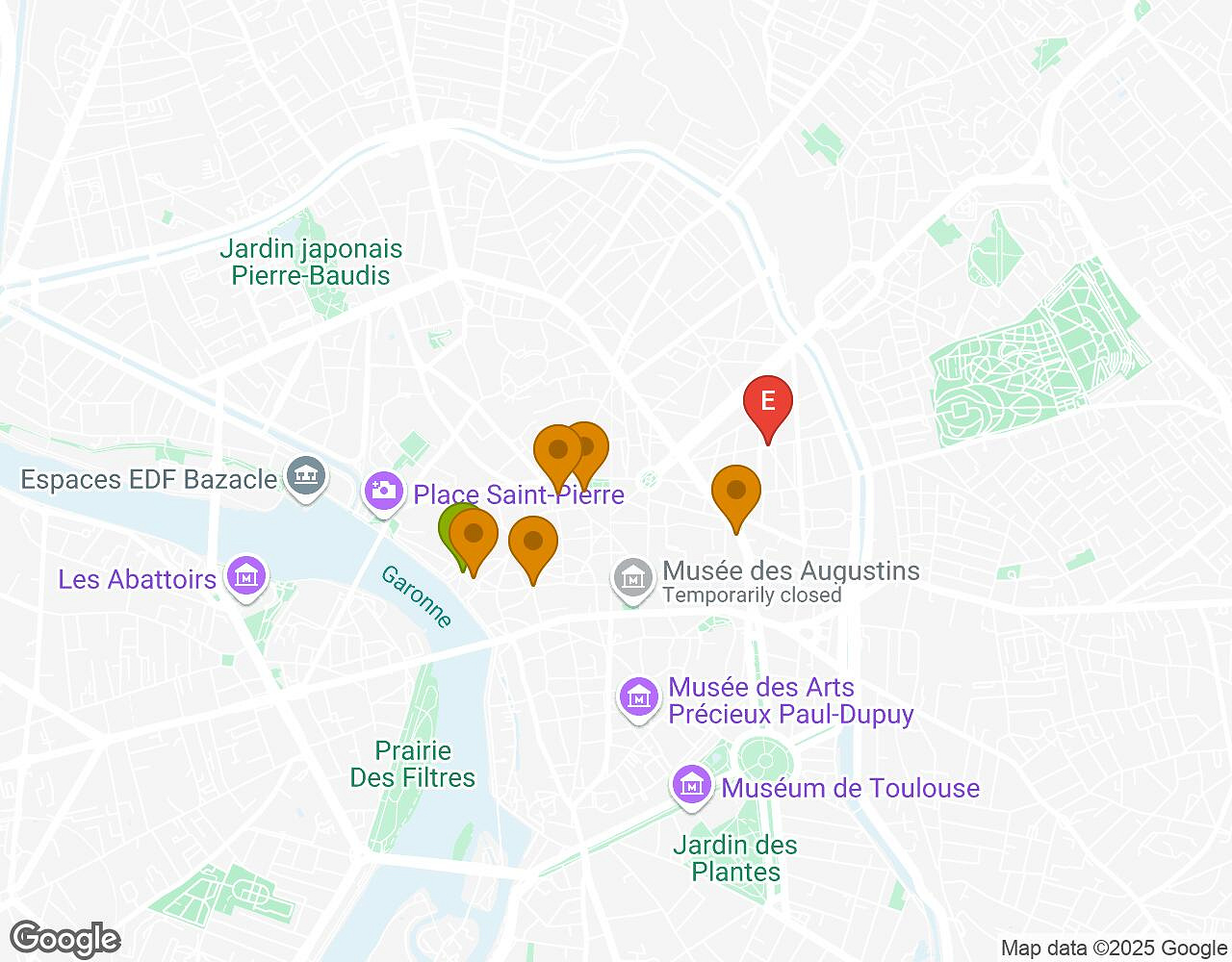 Interactive map for Mates, Mess and Madness Toulouse showing start point, end point and points of interest