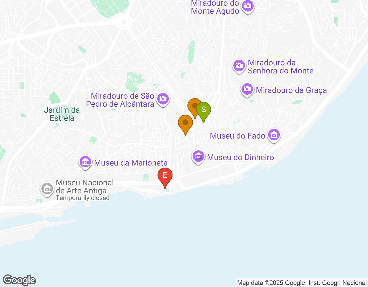 Interactieve kaart voor Maatjes, Miserie & Manie Lissabon met startpunt, eindpunt en bezienswaardigheden