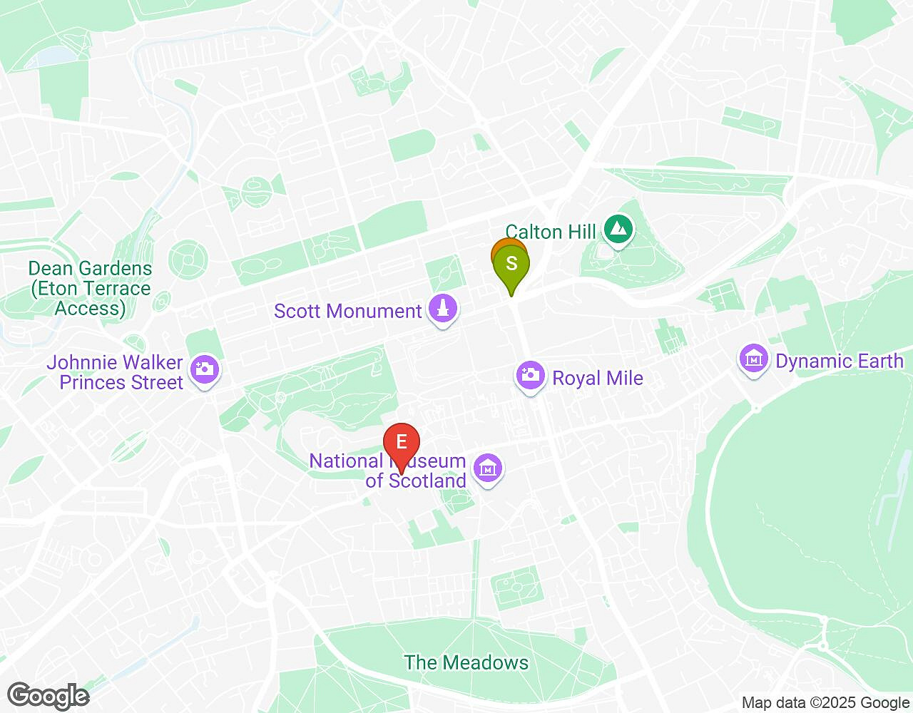 Interactieve kaart voor Red Nights EDINBURGH met startpunt, eindpunt en bezienswaardigheden